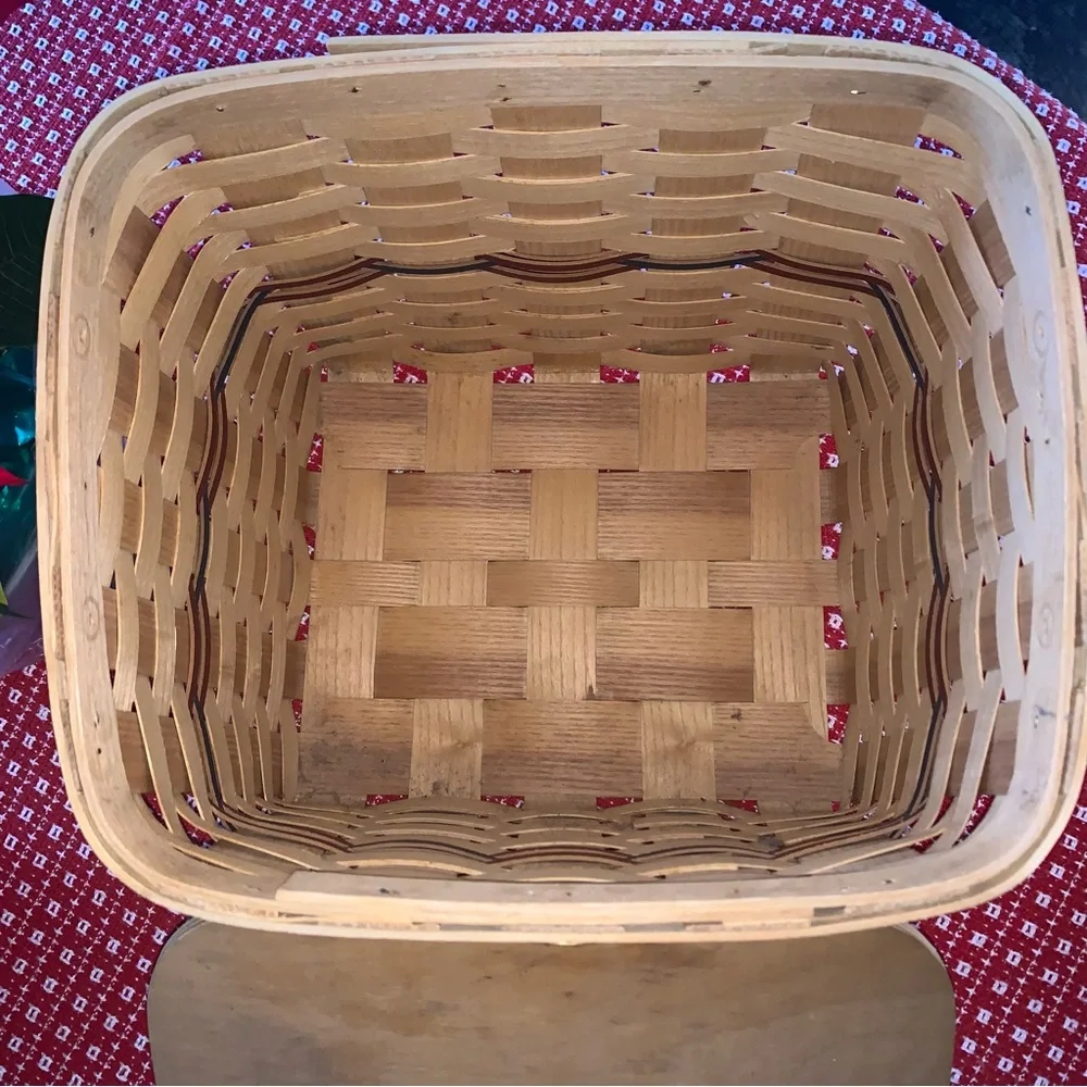 Peterboro Basket Co. NH Heart Knob Wood Covered Basket Gingham Denim Cloth
